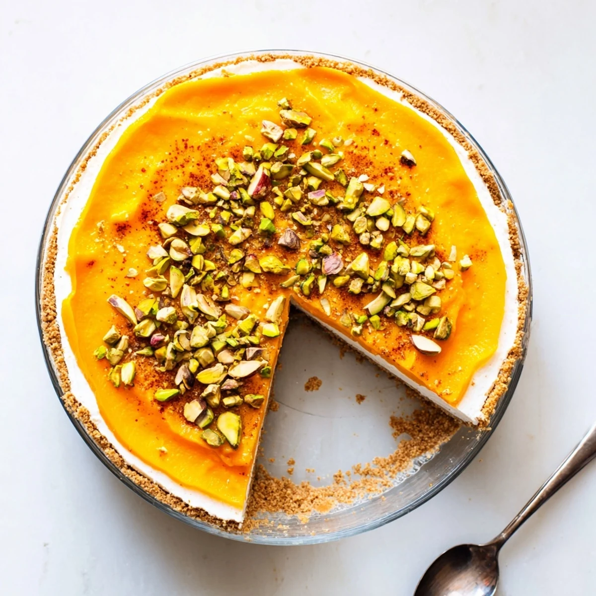 No-bake persimmon cheesecake dessert served in glass with nutty garnish and fruit puree swirl