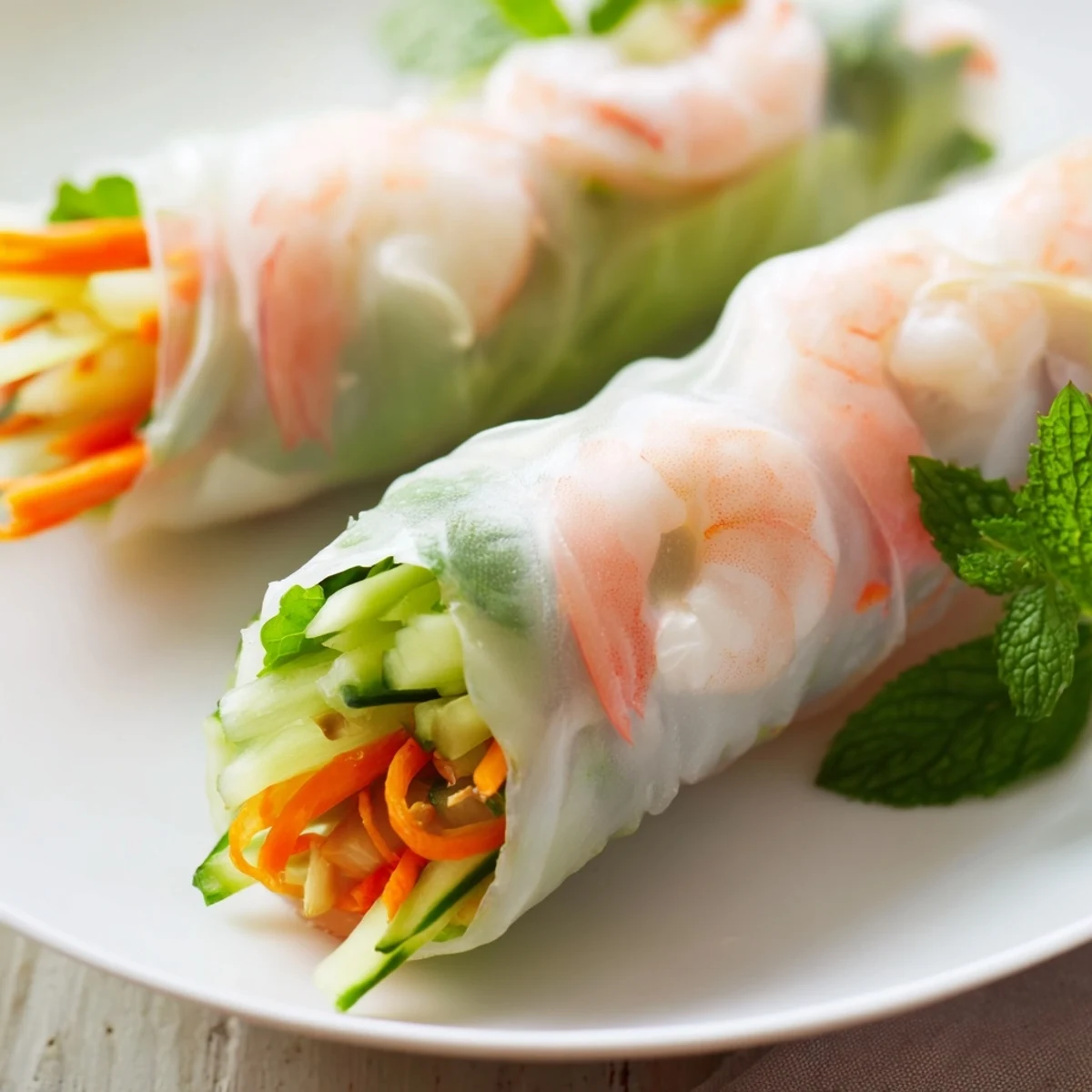 Close-up of Vietnamese fresh spring rolls with peanut sauce featuring julienned carrots, cucumber, and tender herbs
