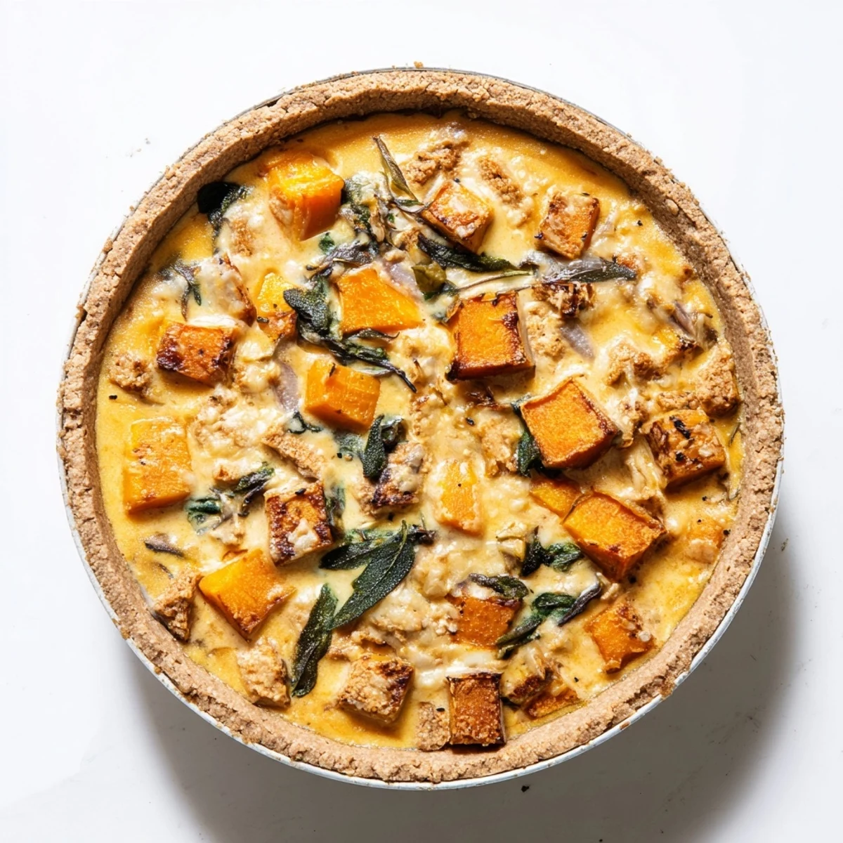 Golden brown Halloween pumpkin and butternut squash pie with melted cheese topping