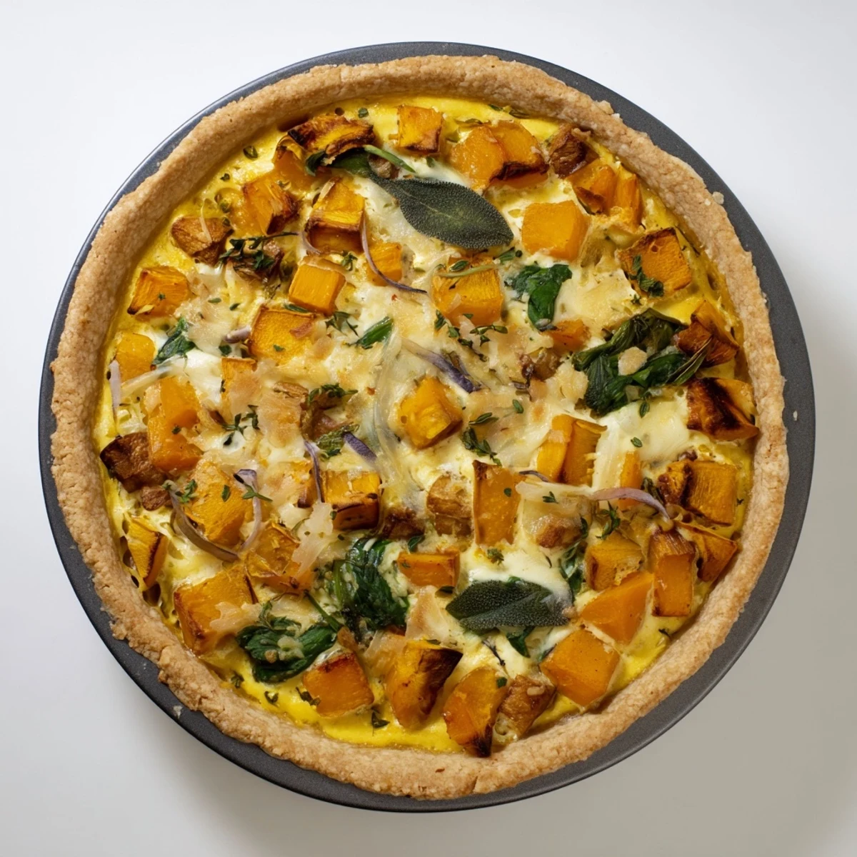 Savory butternut squash and pumpkin pie slices on a wooden cutting board