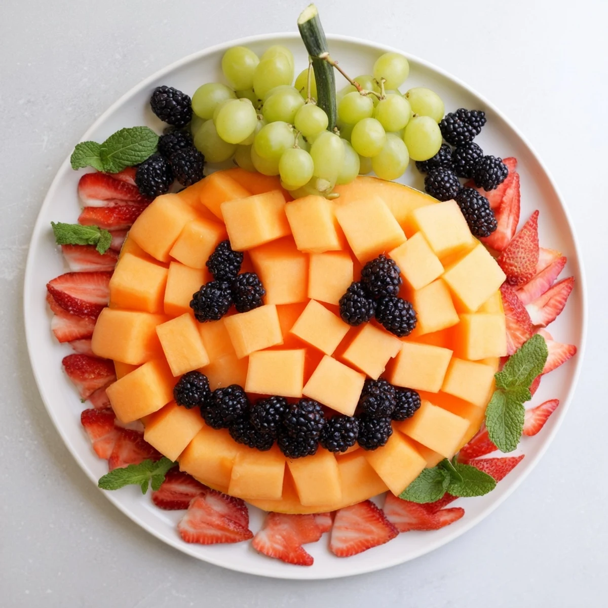 Golden pumpkin fruit tray Halloween platter with cantaloupe body and blackberry jack-o-lantern face