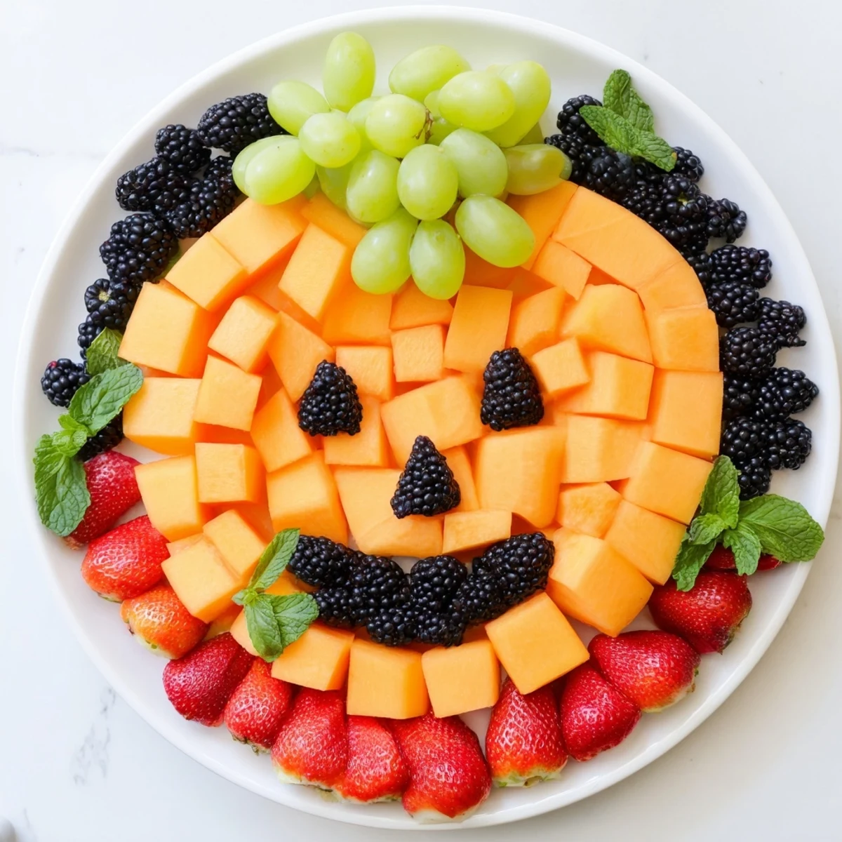 Festive pumpkin fruit tray Halloween arrangement featuring colorful fresh cantaloupe grapes and blackberries on white platter