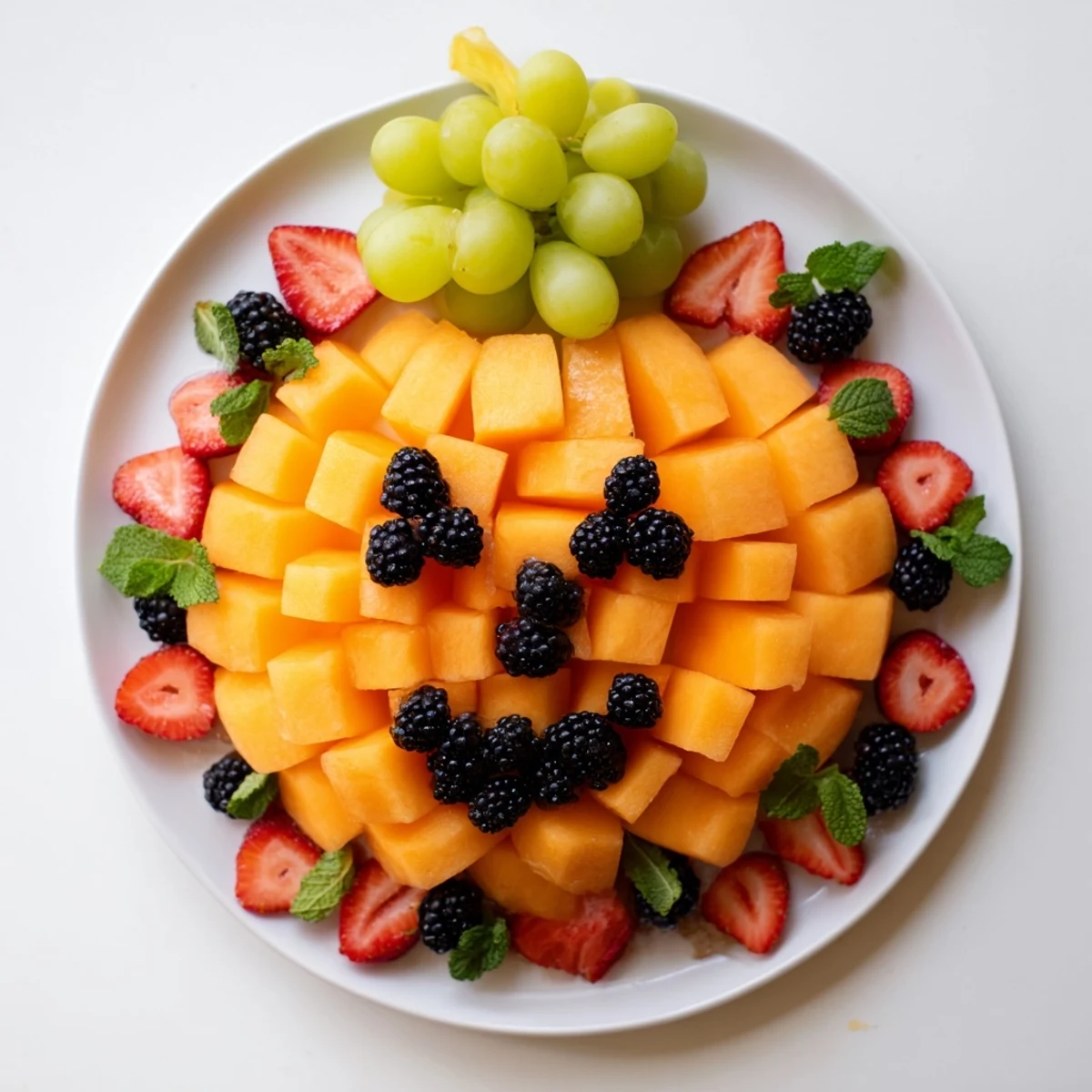 Healthy Halloween fruit platter shaped like a pumpkin with green grape stem and fresh berries