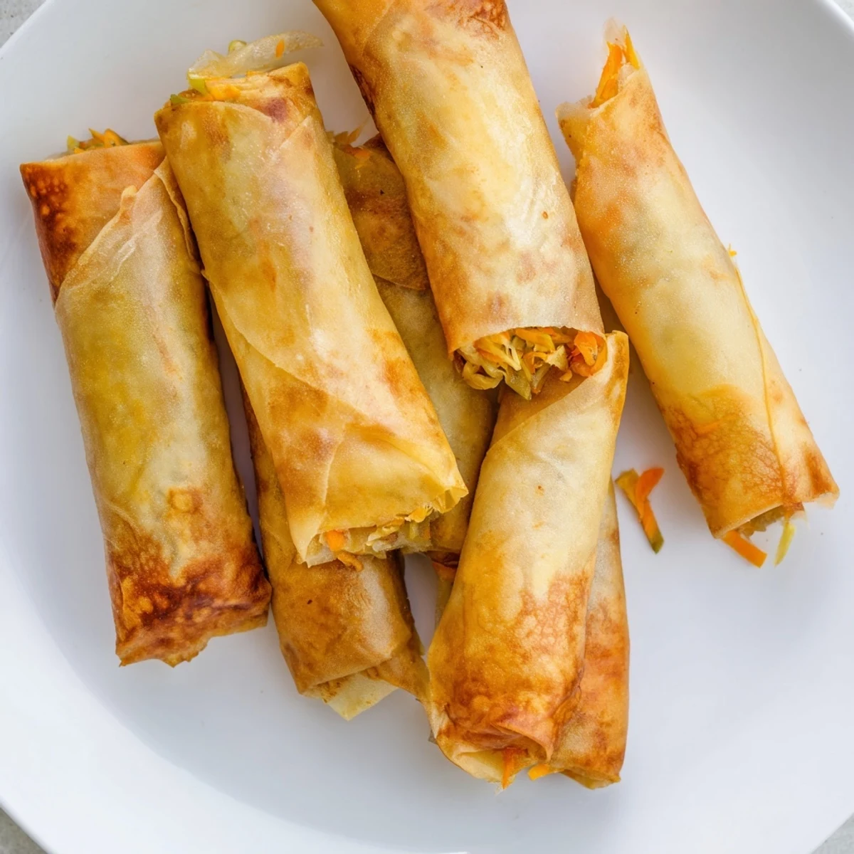 Golden brown crispy rice paper spring rolls with vegetable filling on a white plate