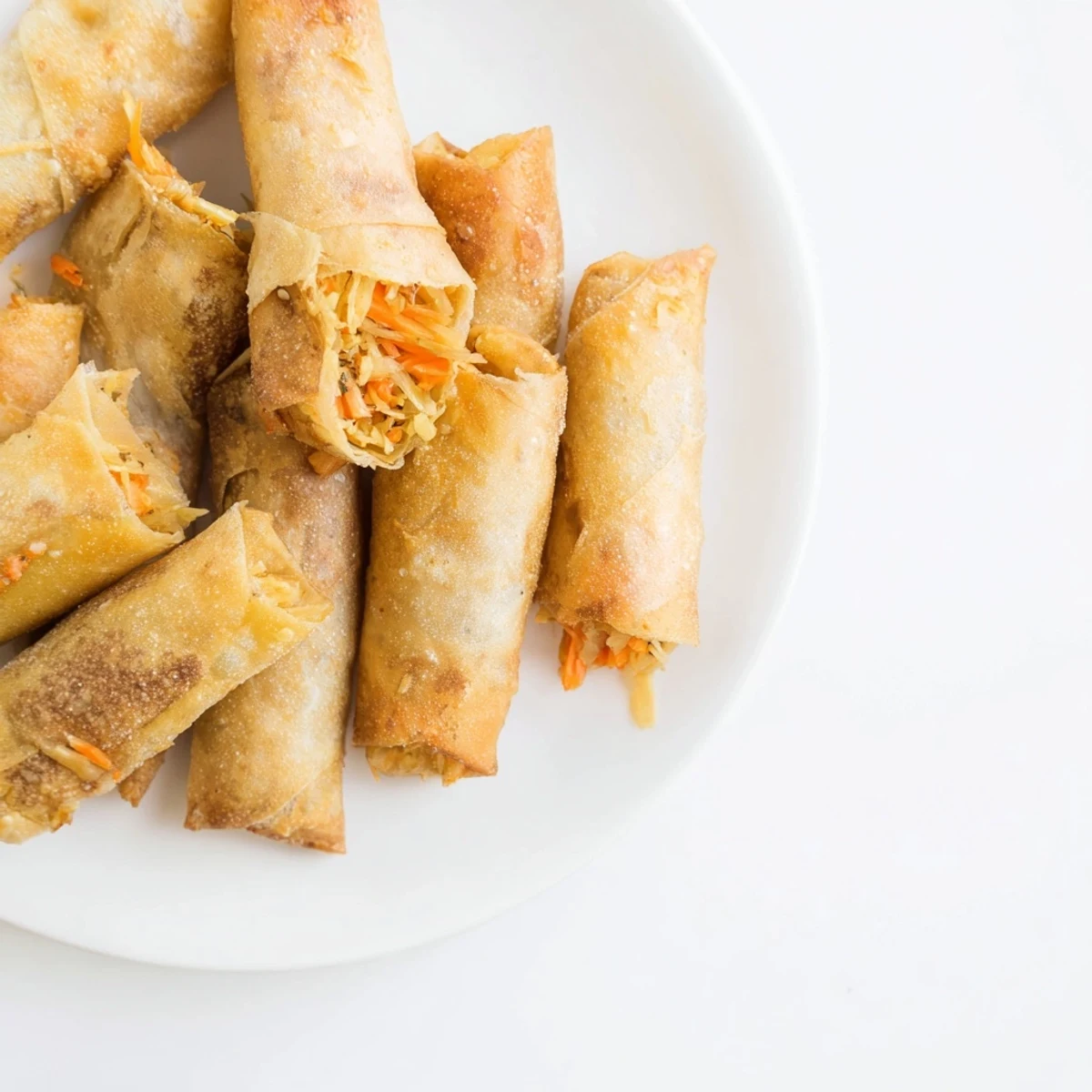Vegan crispy rice paper spring rolls displaying golden texture and colorful vegetable filling