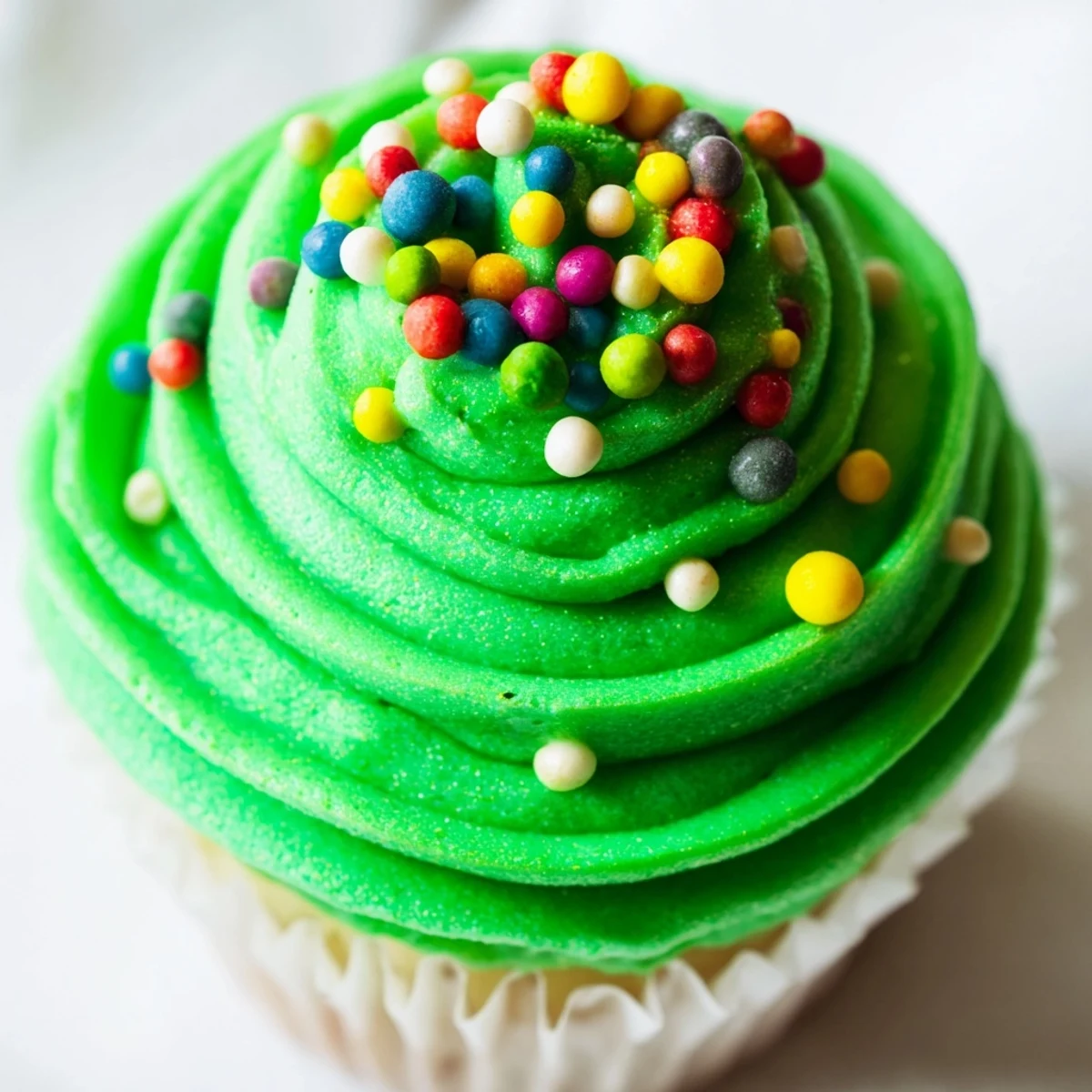 Festive cupcake Christmas tree decorated with green buttercream swirls and colorful sprinkles