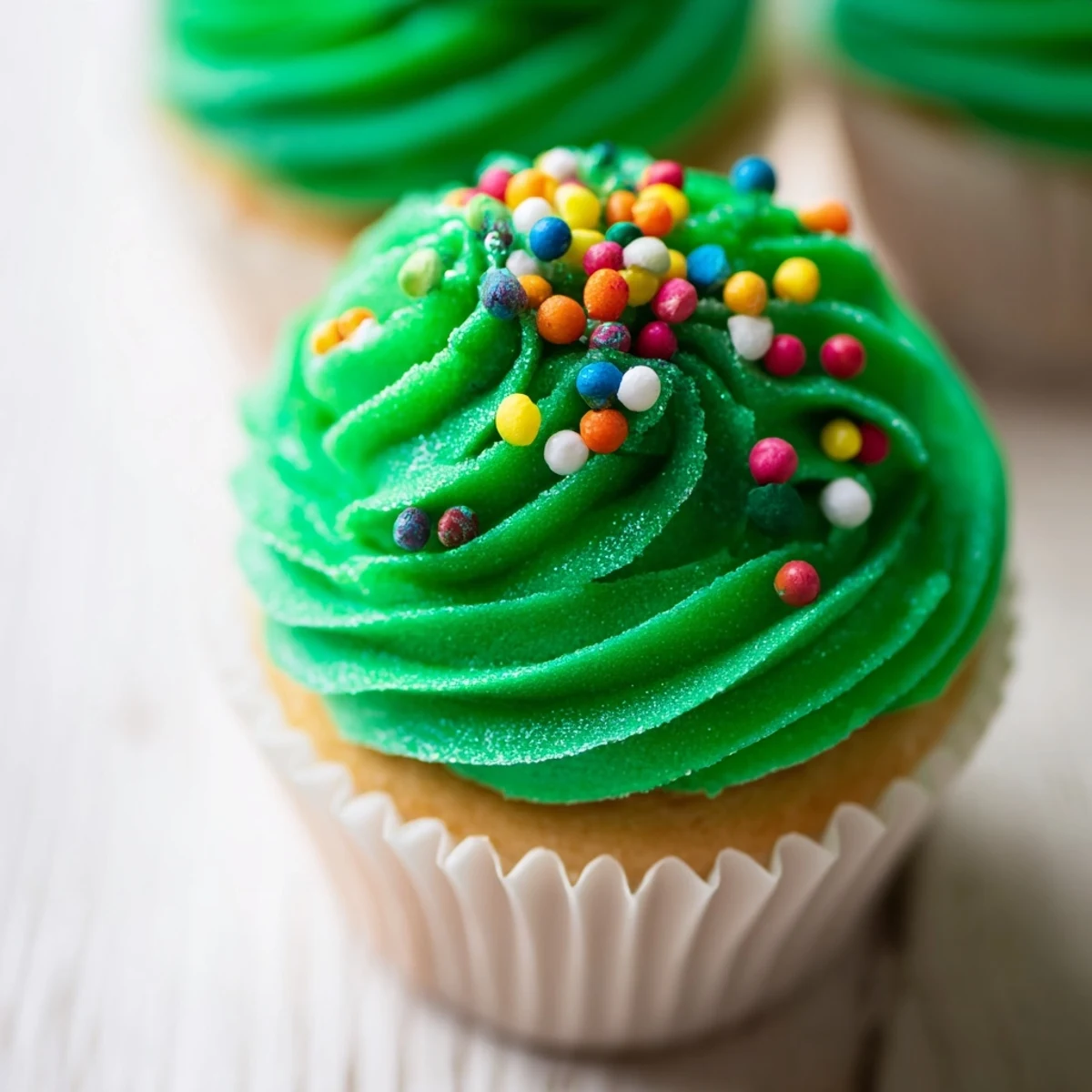 Tiered cupcake Christmas tree display featuring green frosted cupcakes and edible ornaments