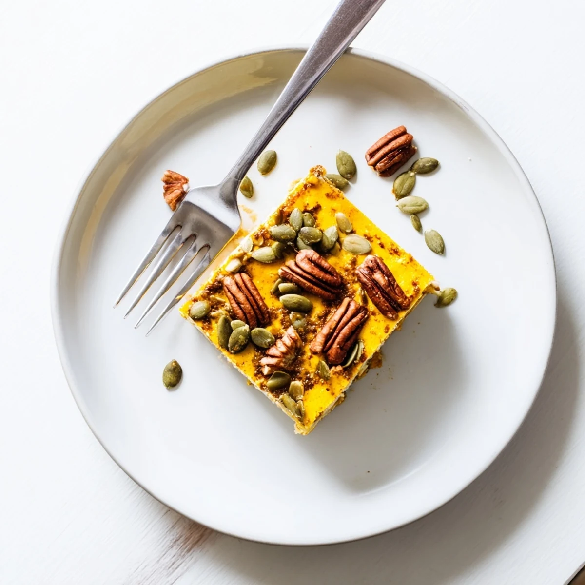 Golden high protein cottage cheese pumpkin bake sprinkled with pecans and pumpkin seeds