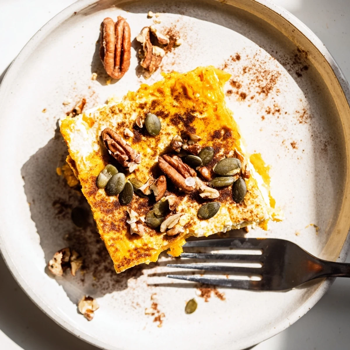 Sliced high protein cottage cheese pumpkin bake featuring warming cinnamon and nutmeg flavors