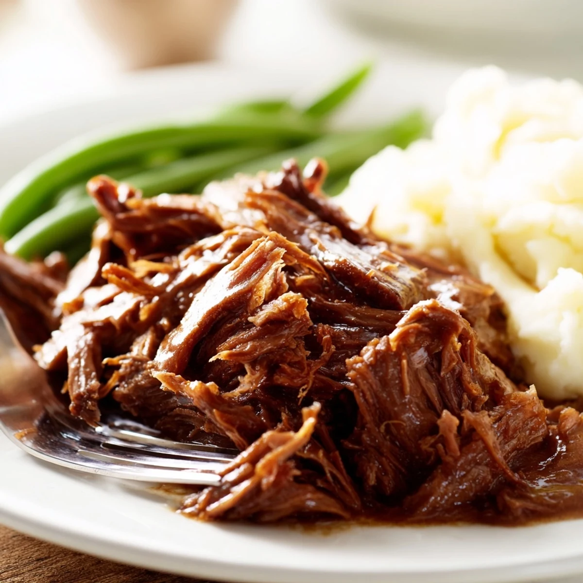 Fork-torn slow-cooked Southern style pot roast plate surrounded by roasted vegetables and topped with savory dark beef gravy