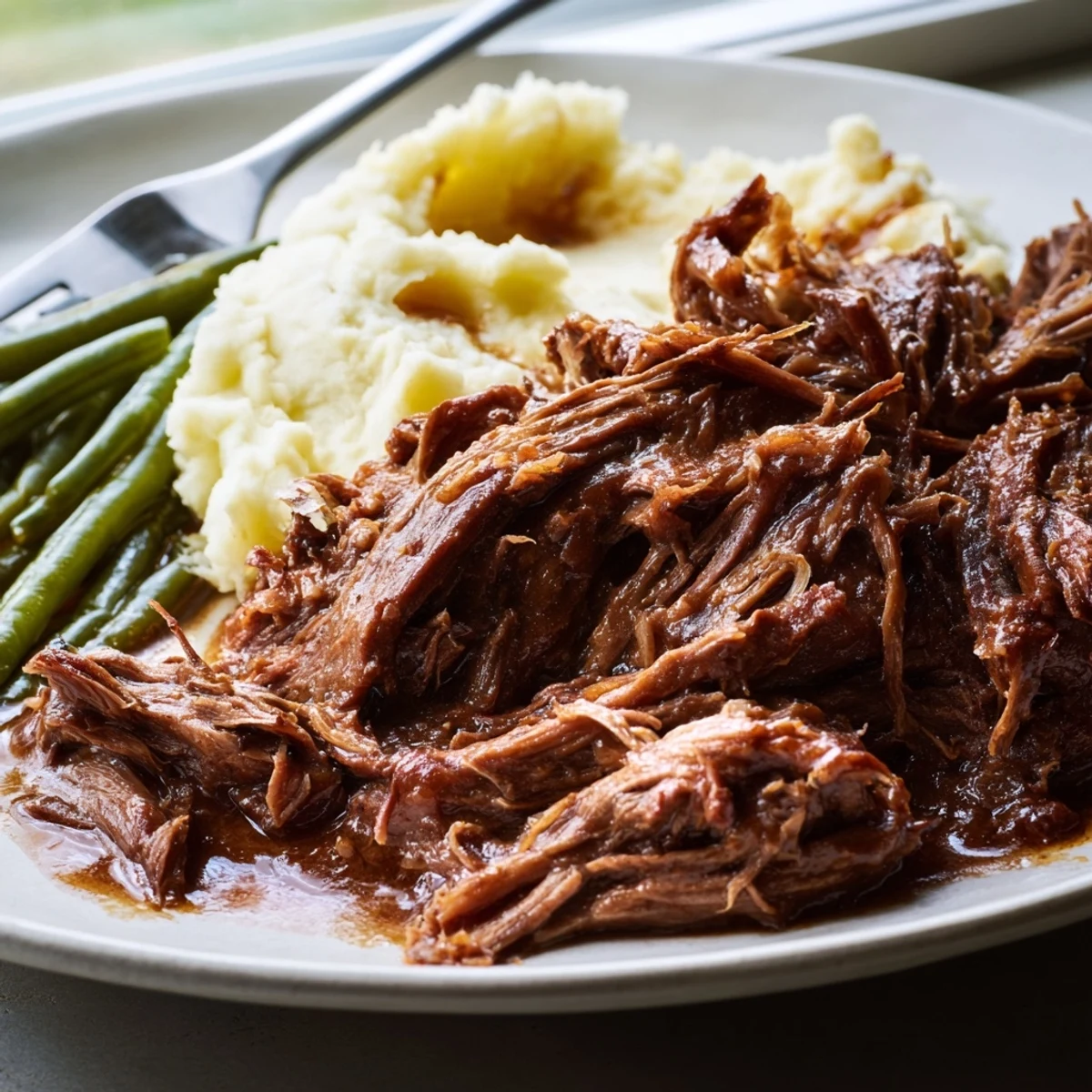 Comforting Southern style pot roast dinner showcasing succulent beef with carrots and celery alongside fluffy mashed potatoes