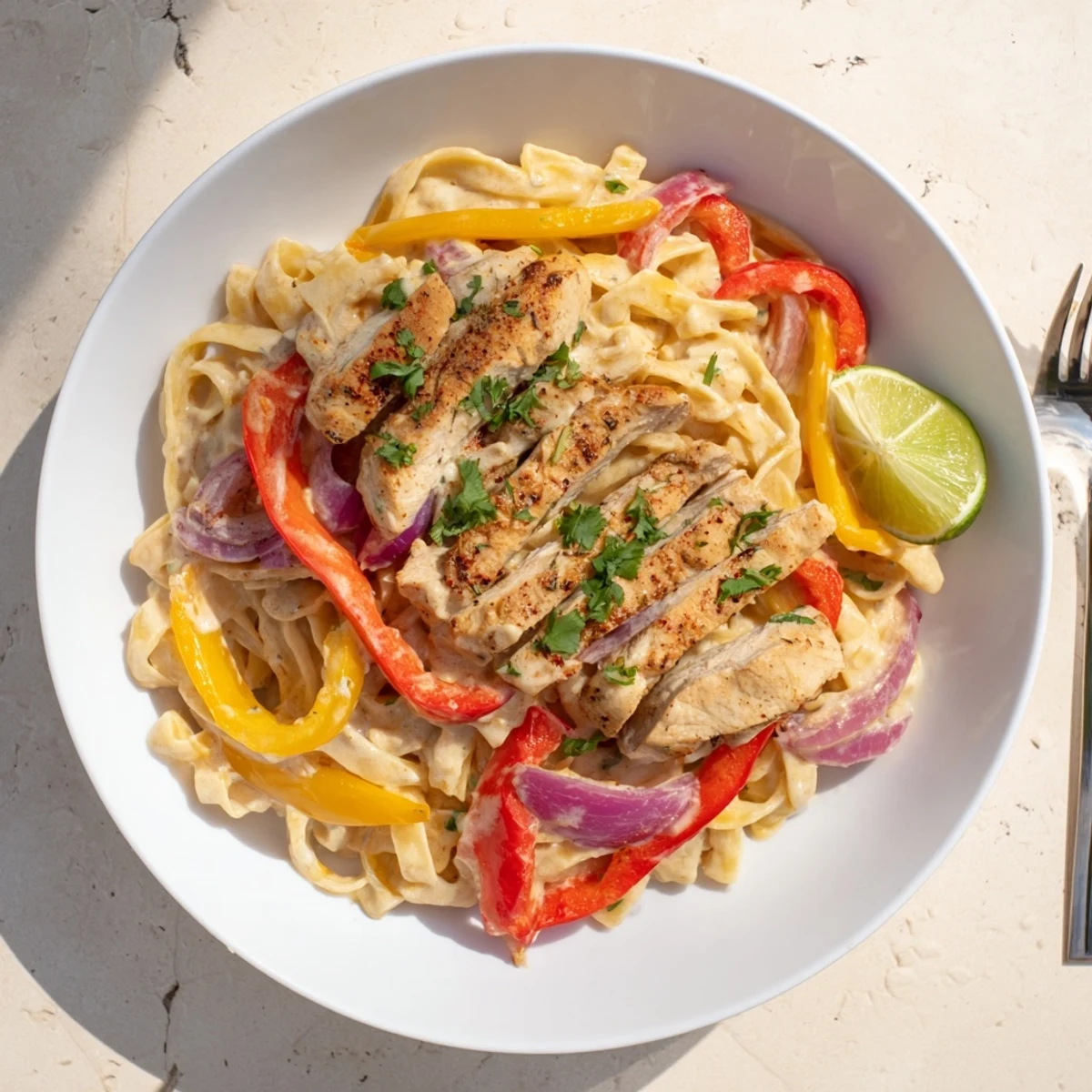 Creamy Southwest chicken Alfredo pasta topped with sliced seasoned chicken, colorful bell peppers, and fresh cilantro garnish
