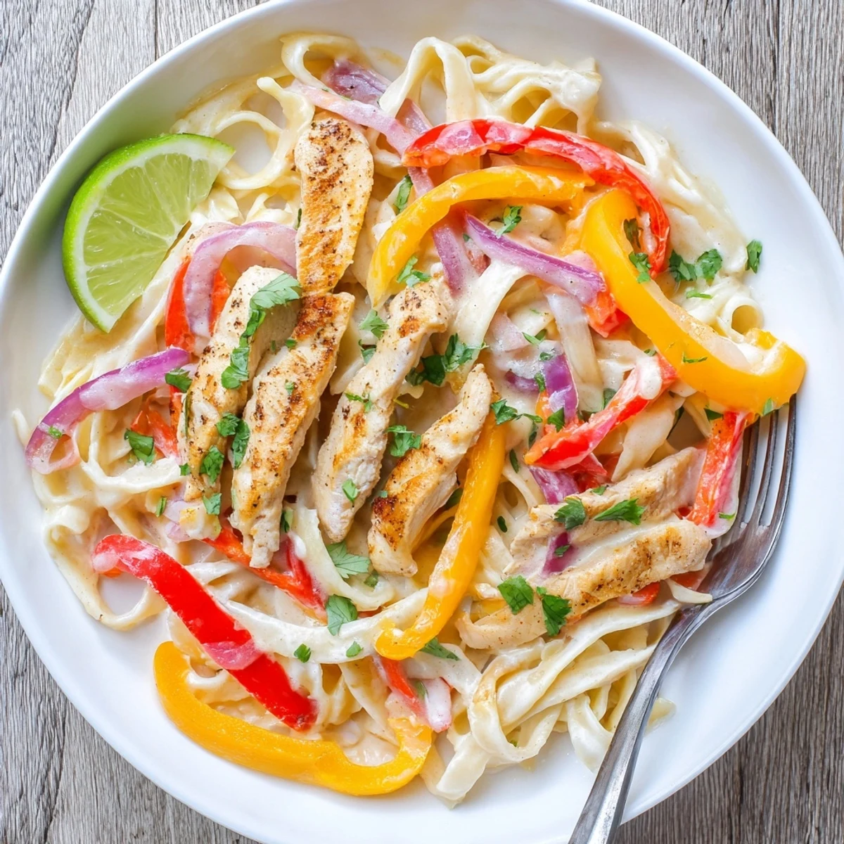 Savory chicken Alfredo with smoky Southwest spices served over fettuccine with vibrant sautéed peppers and onions