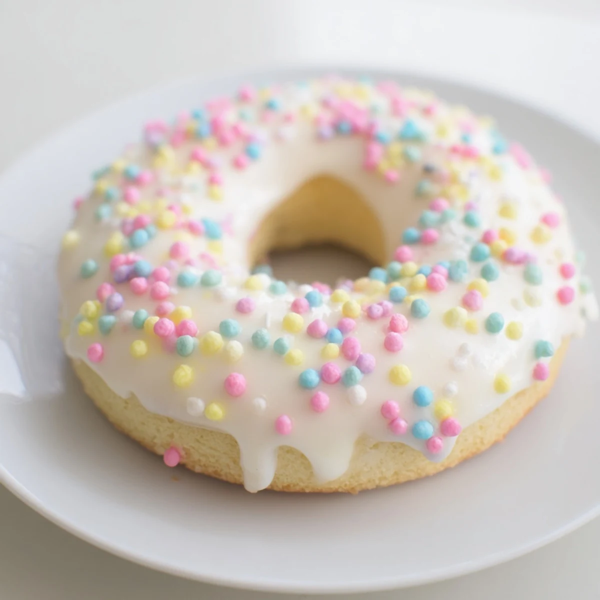 Soft Italian Easter cookies topped with white vanilla icing and colorful pastel sprinkles on a white plate
