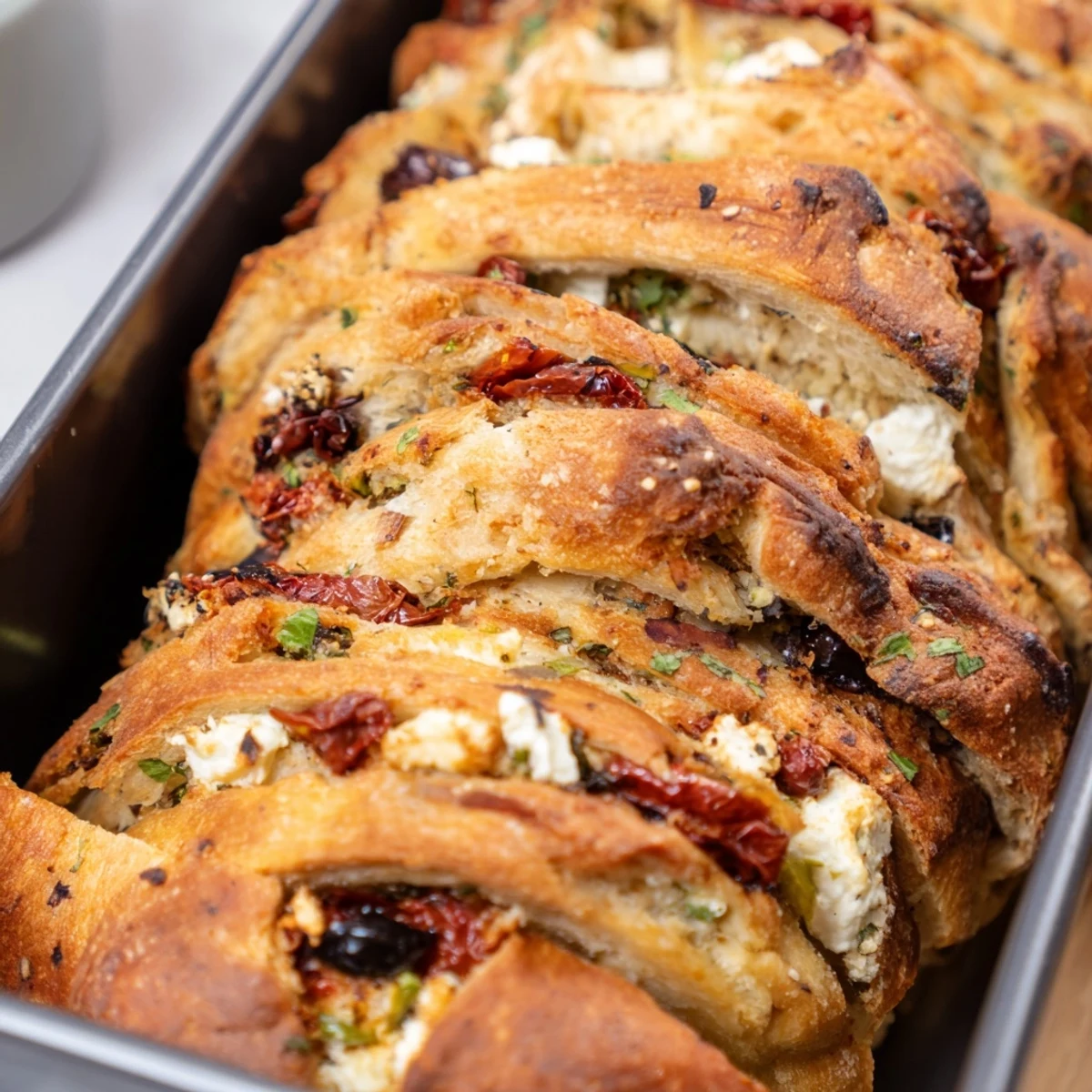 Golden Mediterranean pull-apart bread with sun-dried tomatoes and feta cheese baked to perfection