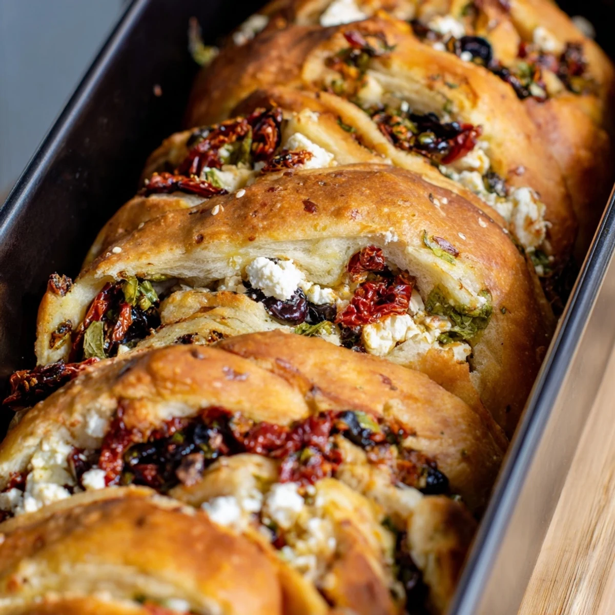 Soft pull-apart bread stuffed with olives and fresh herbs ready for sharing at gatherings