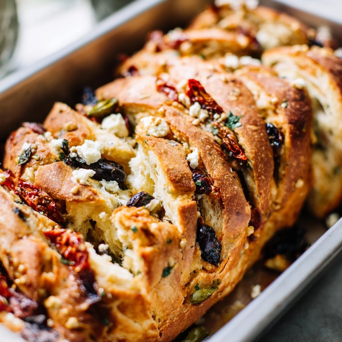 Flaky Mediterranean pull-apart bread loaf topped with sesame seeds and loaded with savory fillings