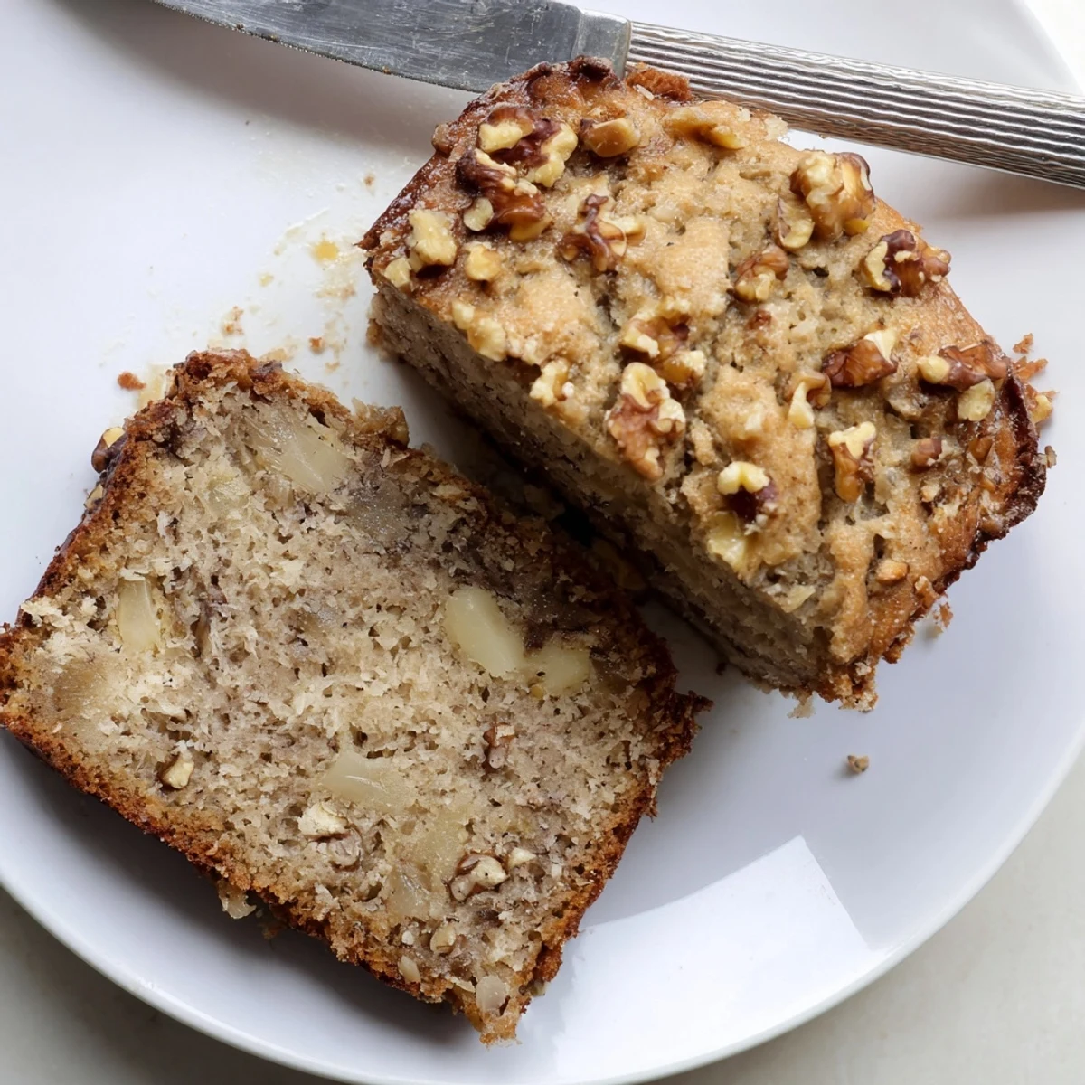 Golden brown coconut pineapple banana bread loaf with visible shredded coconut and walnuts on a rustic wooden board