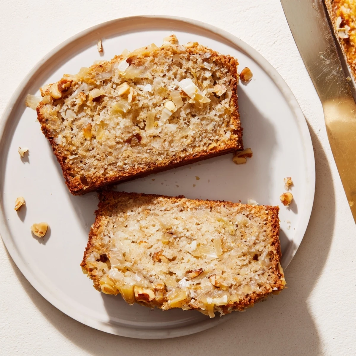 Thick slice of tropical coconut pineapple banana bread revealing moist texture with crushed pineapple and toasted coconut flakes