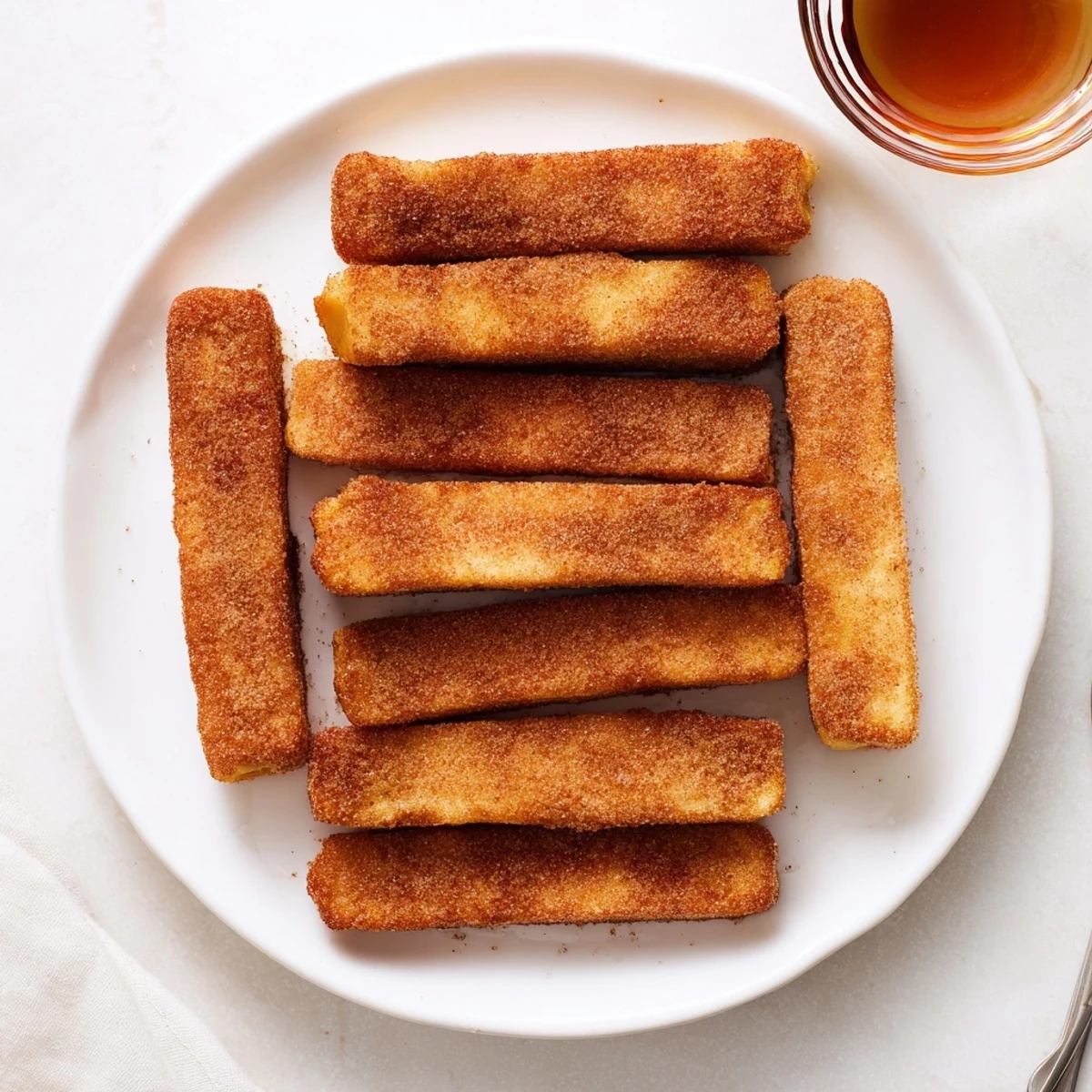 Golden cinnamon French toast sticks coated in sparkling sugar, ready for maple syrup dipping