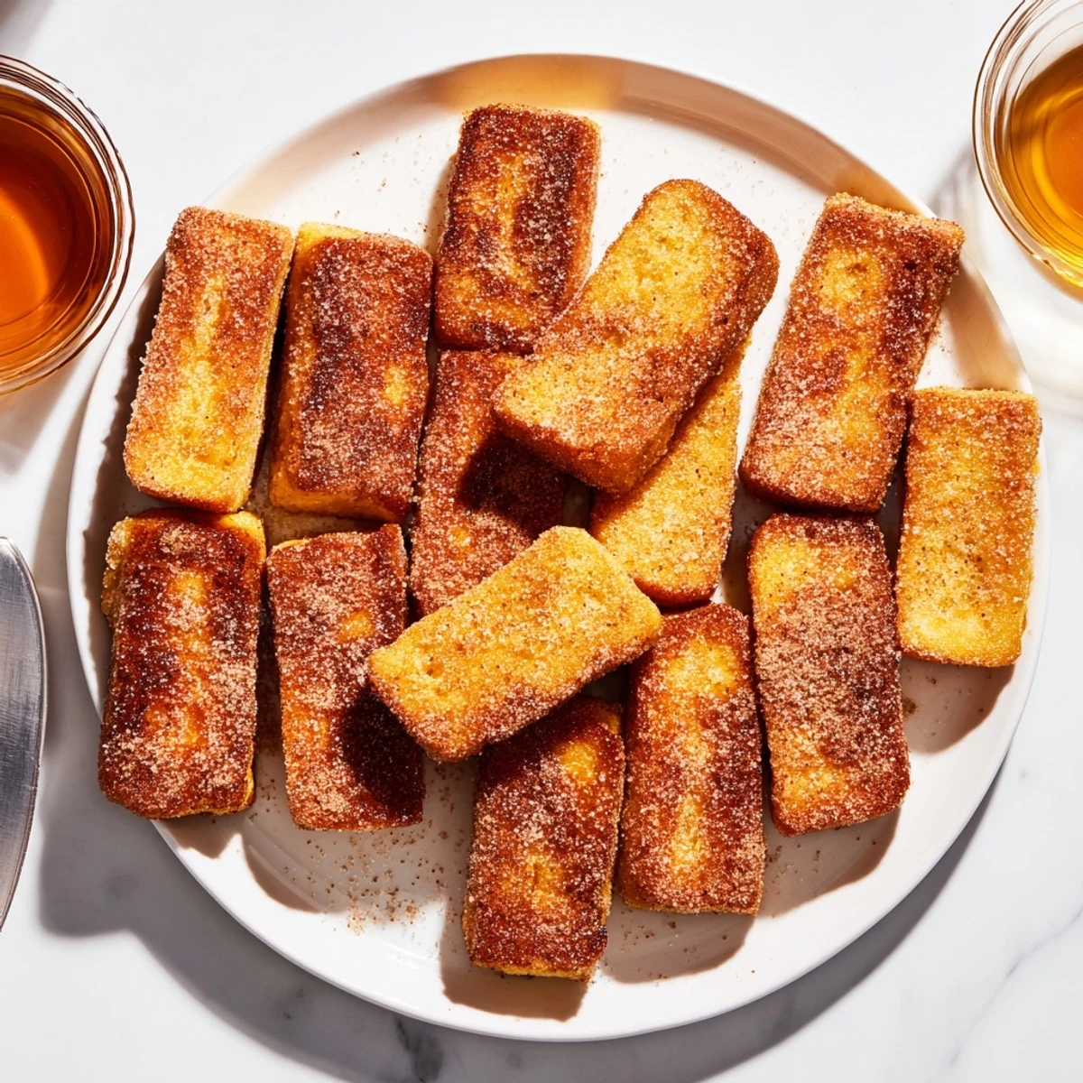 Crispy cinnamon French toast sticks arranged on plate with warm maple syrup for breakfast