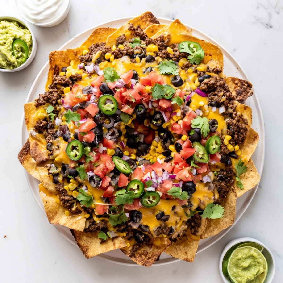 Golden Bundt pan nachos drizzled with melted cheddar and Monterey Jack cheese