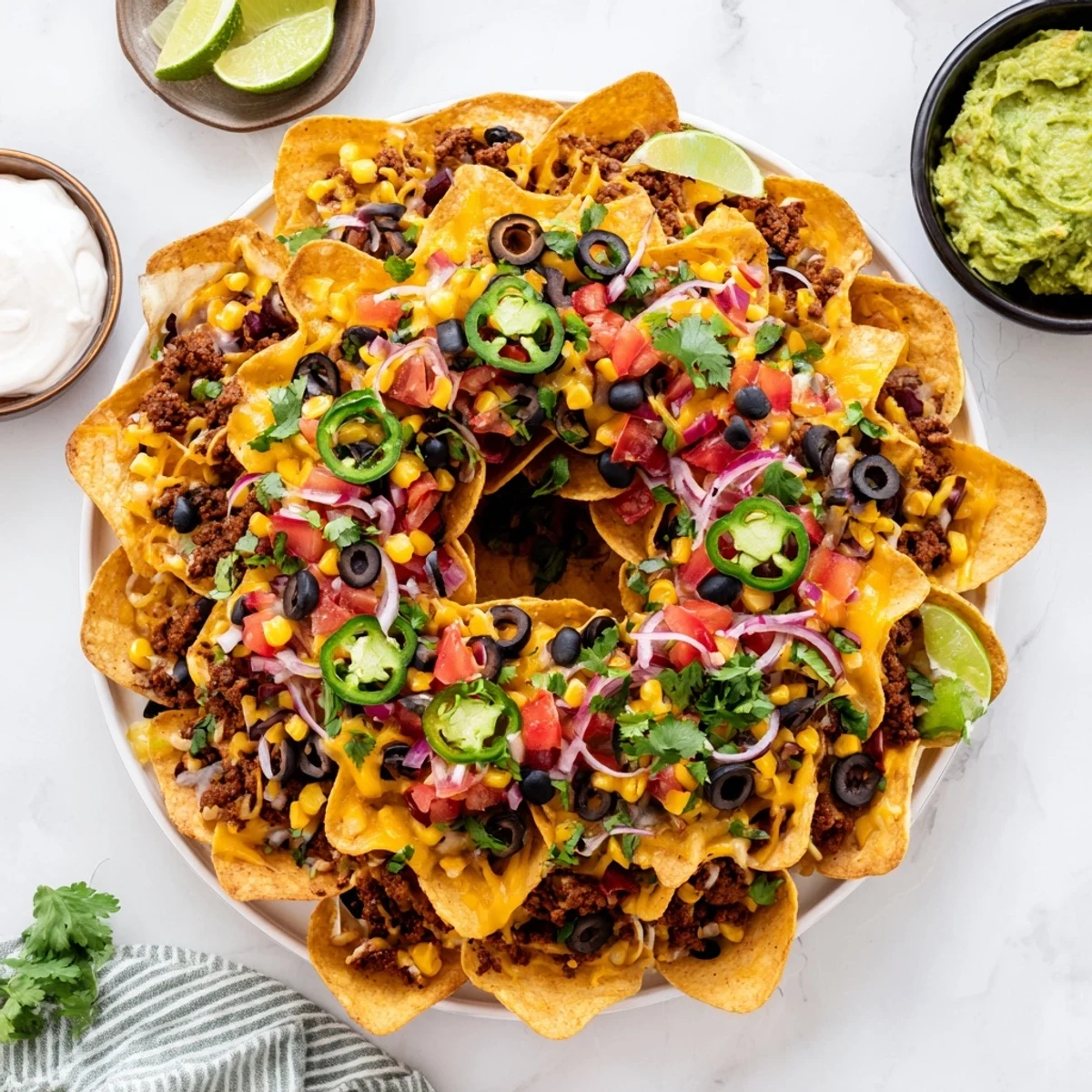 Party ready nacho ring topped with jalapeños sour cream guacamole and fresh cilantro