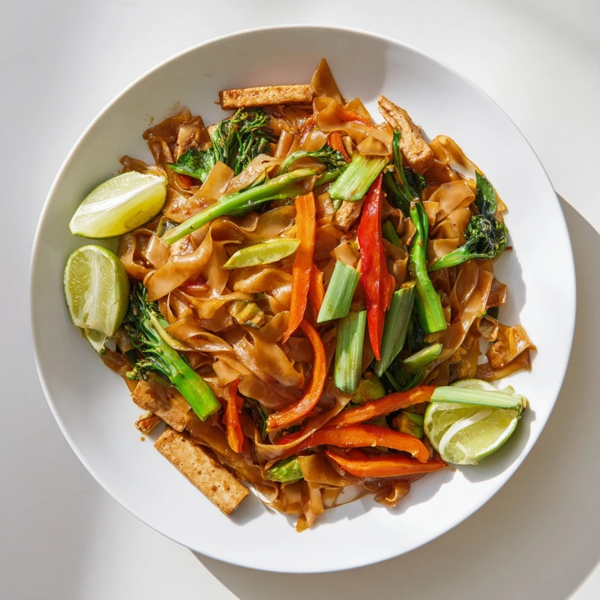 Vegan Pad See Ew stir-fry with wide rice noodles, crisp vegetables, and savory soy-based sauce in a dark wok
