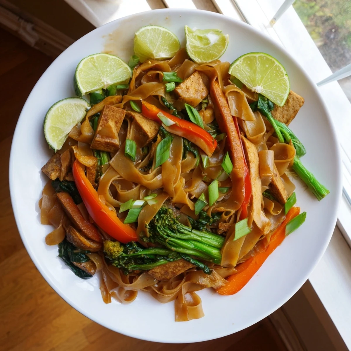Steamy plate of vegan Pad See Ew featuring charred noodles, tender tofu strips, and fresh green onion garnish