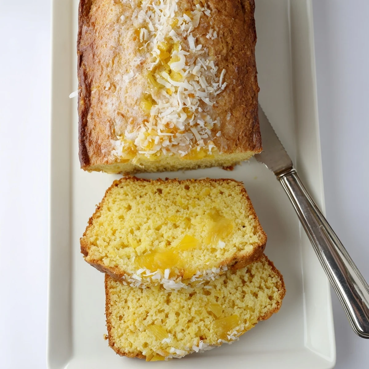 Freshly baked coconut pineapple bread cooling on wire rack with golden crust and flecks of white coconut throughout