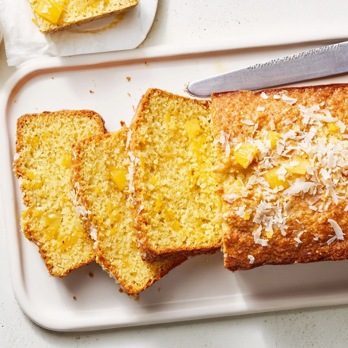 Sliced moist pineapple coconut bread on a wooden board showcasing its tender crumb texture and sweet tropical filling