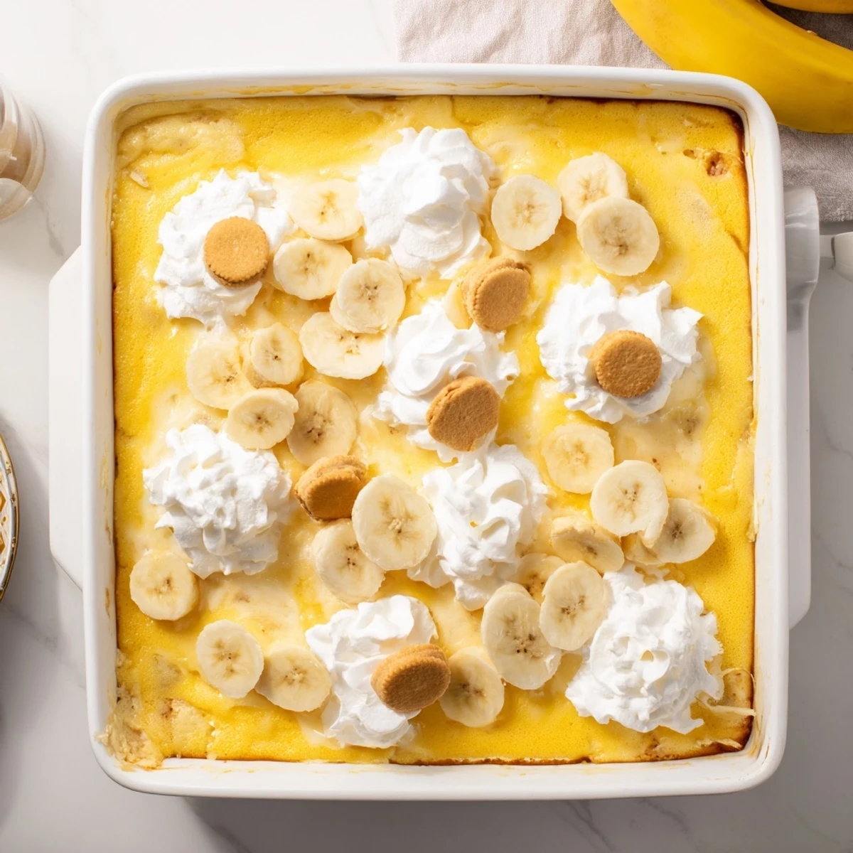 Golden brown Southern banana pudding cheesecake dump cake topped with fluffy whipped cream and fresh banana slices