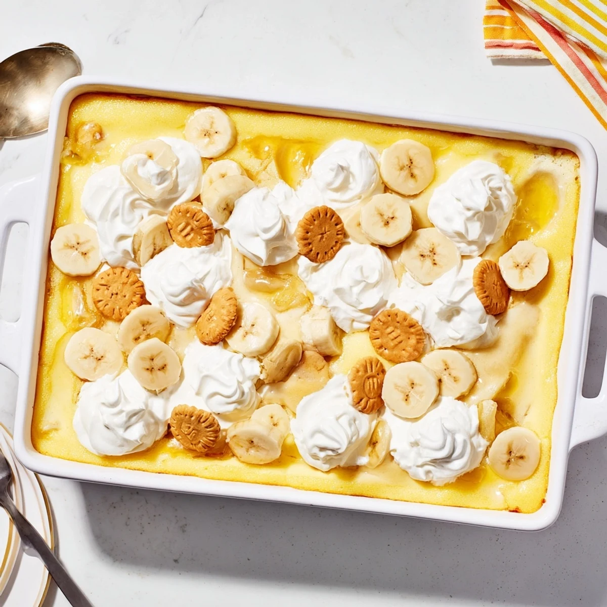 Warm Southern banana pudding cheesecake dump cake served with dollops of sweetened whipped cream garnish