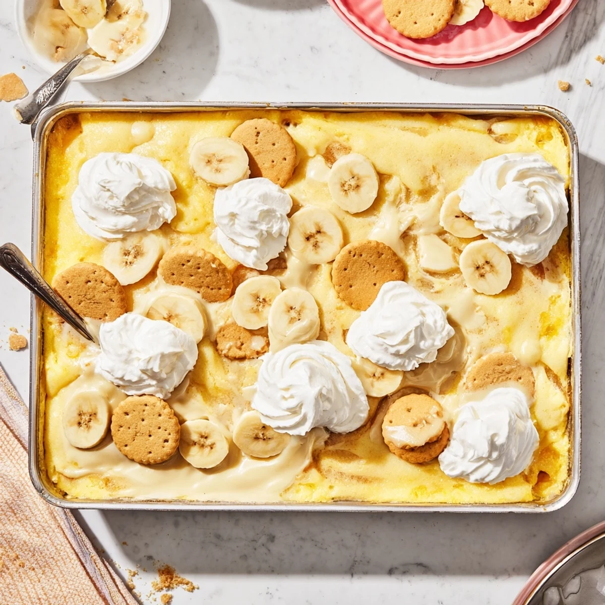 Creamy cheesecake and banana pudding layers beneath buttery yellow cake crumble in this Southern dessert