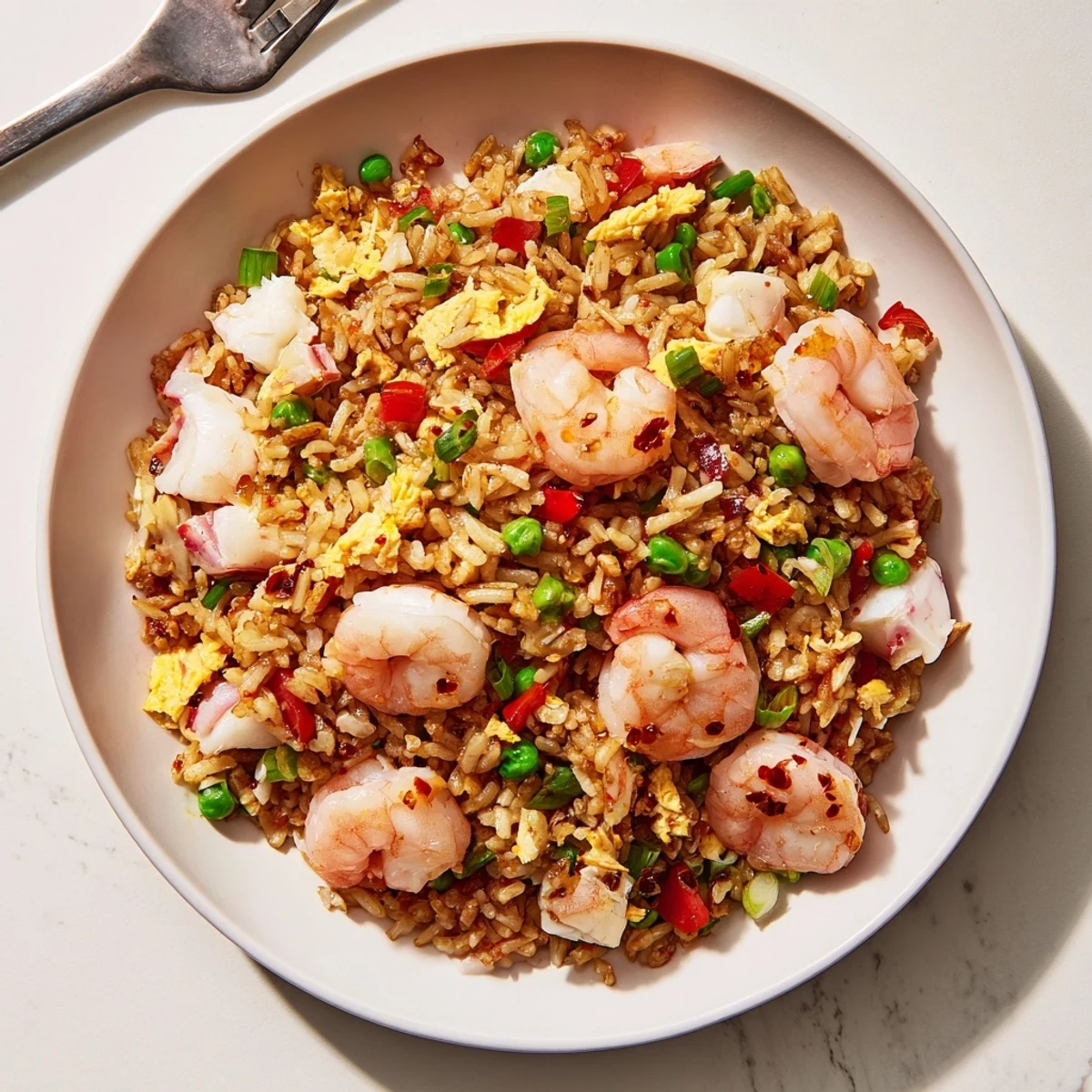 Steaming bowl of spicy crab and shrimp fried rice topped with scallions and aromatic homemade chili oil