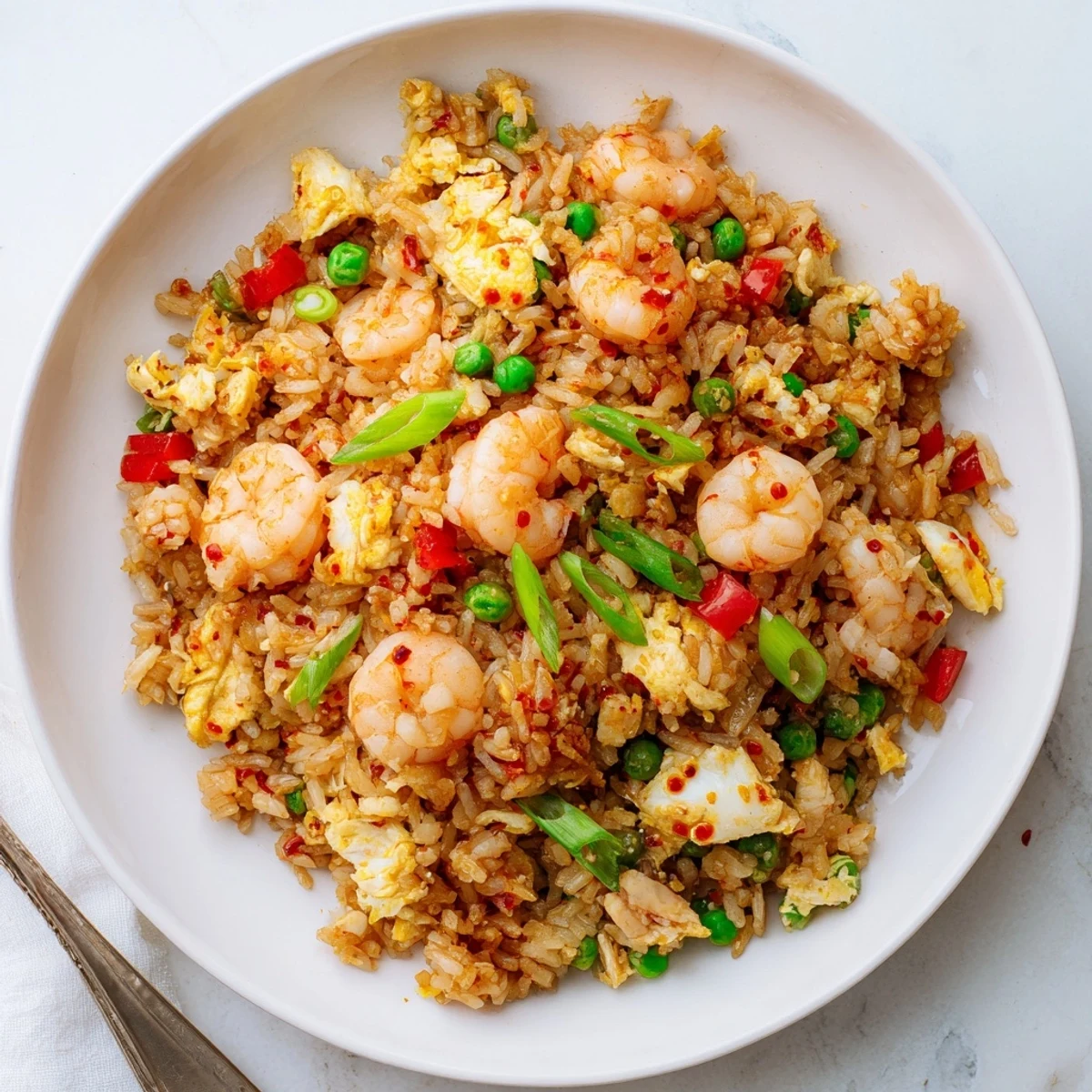 Close-up of Asian fusion fried rice loaded with tender seafood vegetables and spicy garlic chili oil glaze