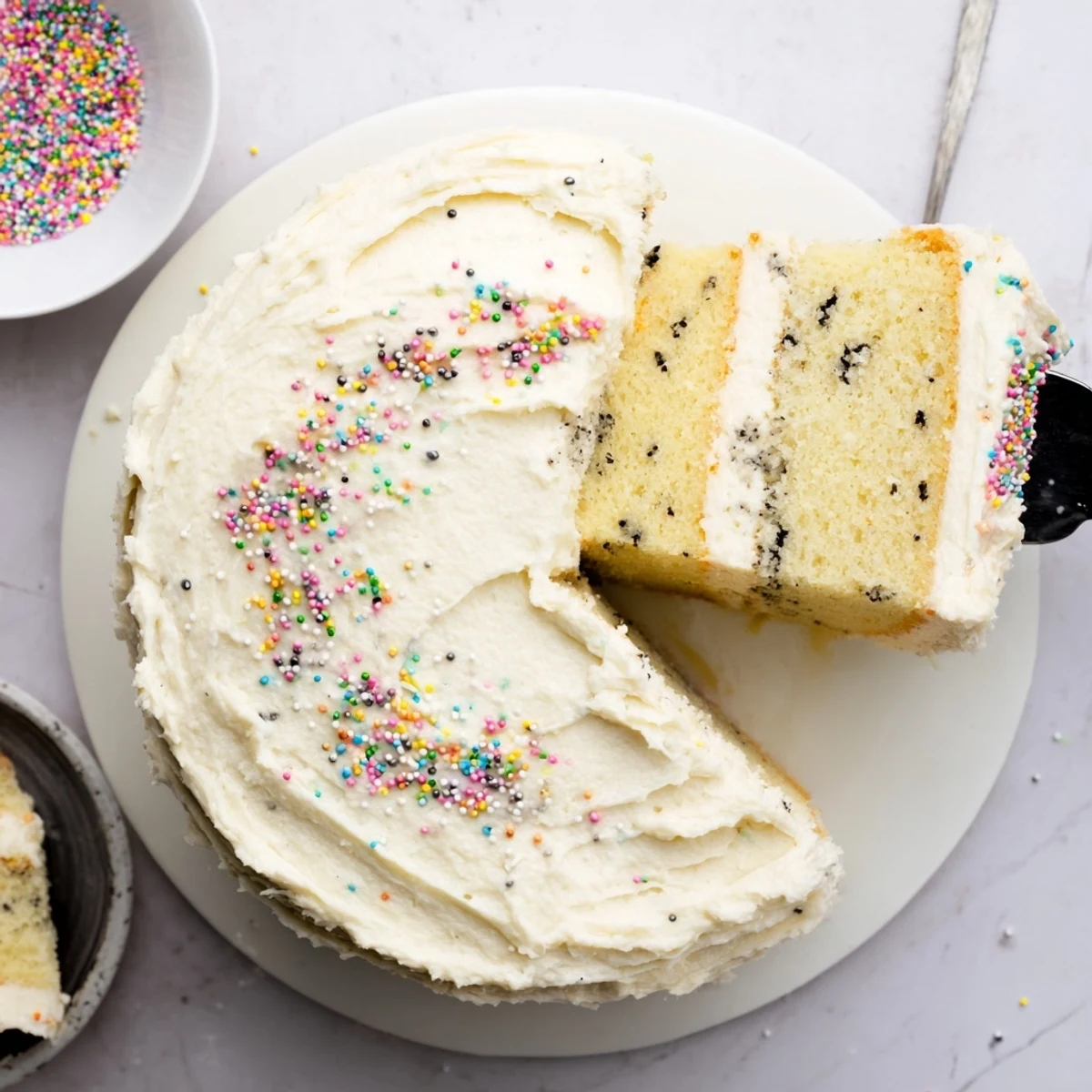 Homemade vanilla bean birthday cake showcasing fluffy white buttercream frosting and elegant decorative sprinkles for celebrations