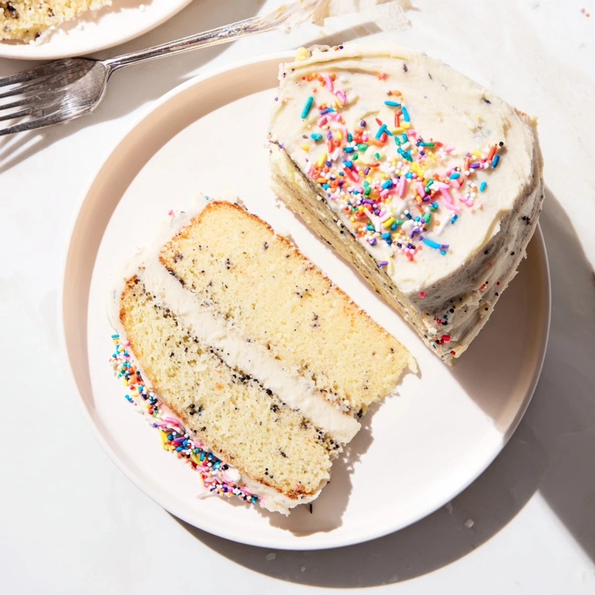 Two-tier vanilla bean birthday cake with creamy buttercream frosting, perfect sliced on a white serving plate