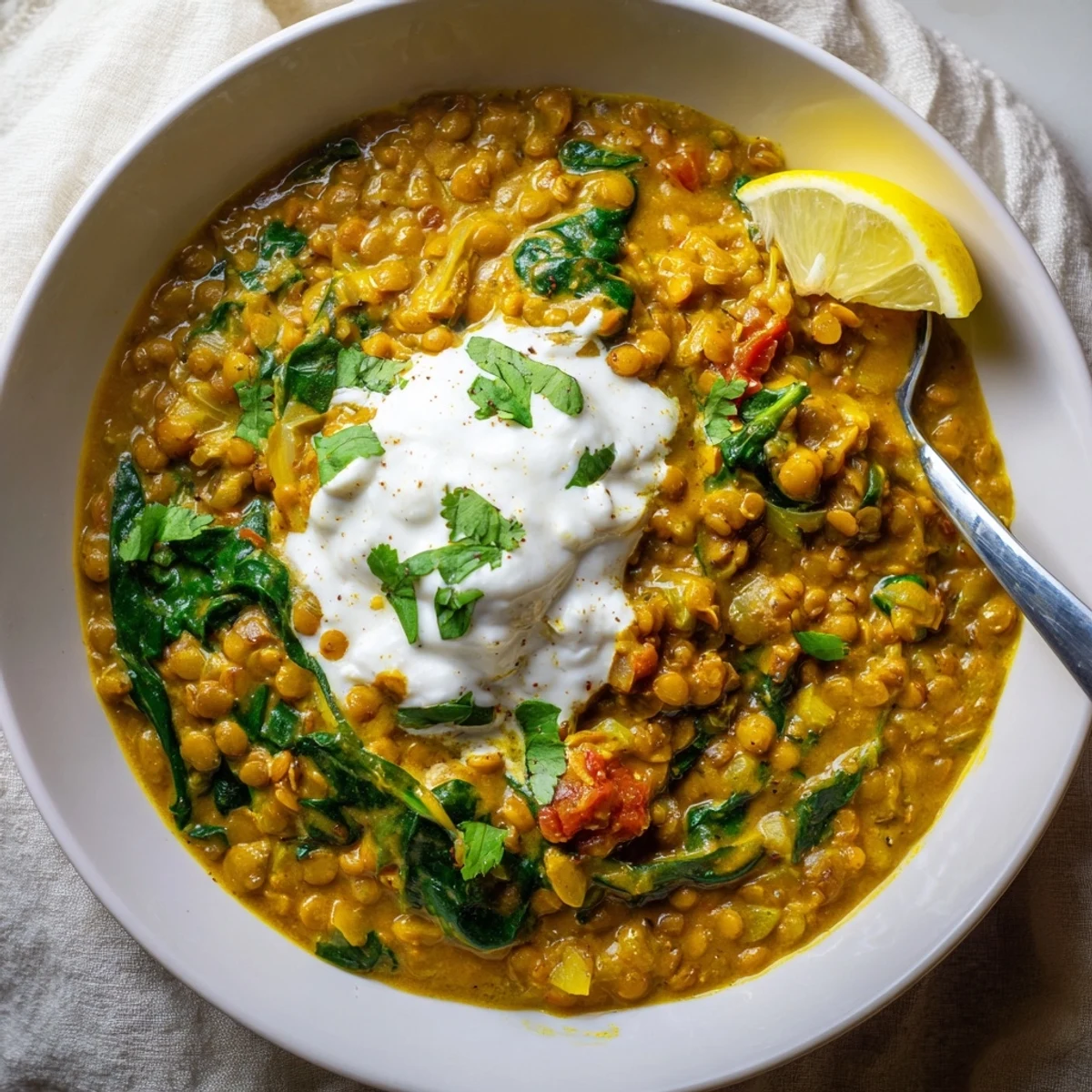 Creamy Greek yogurt lentil curry garnished with fresh cilantro and served with warm naan
