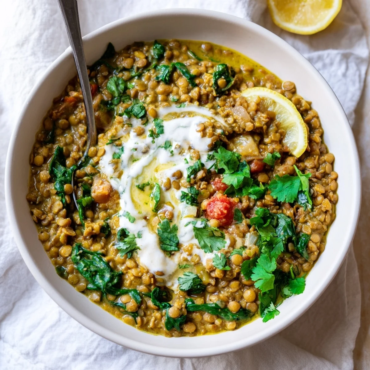 Golden bowl of protein-packed Greek yogurt lentil curry topped with vibrant green cilantro leaves