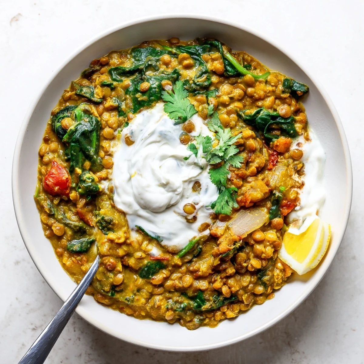 Rich Indian-inspired Greek yogurt lentil curry simmered with aromatic spices and tender spinach