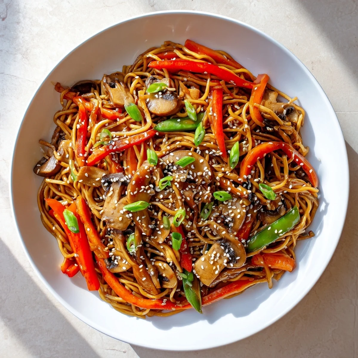 Steamy plate of vegetarian garlic mushroom chow mein garnished with toasted sesame seeds and fresh spring onions