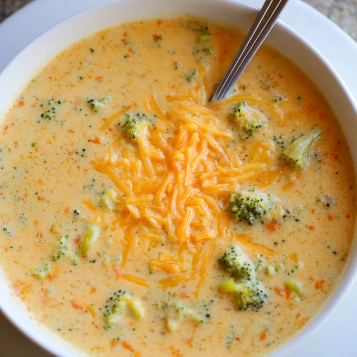 Creamy Instant Pot Broccoli Cheddar Soup garnished with extra shredded cheese in a white bowl