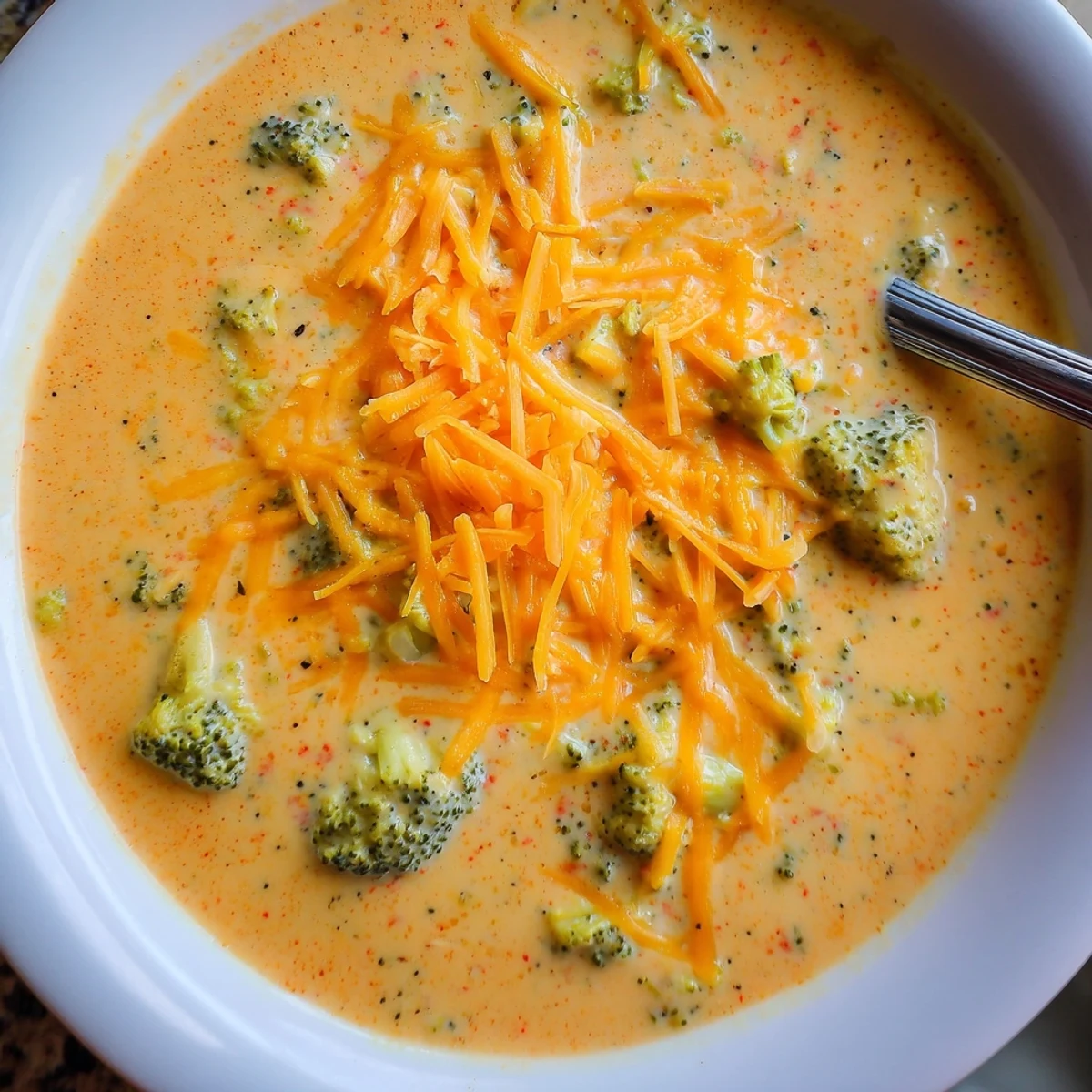 Velvety smooth Instant Pot Broccoli Cheddar Soup featuring vibrant green broccoli florets and melted cheddar