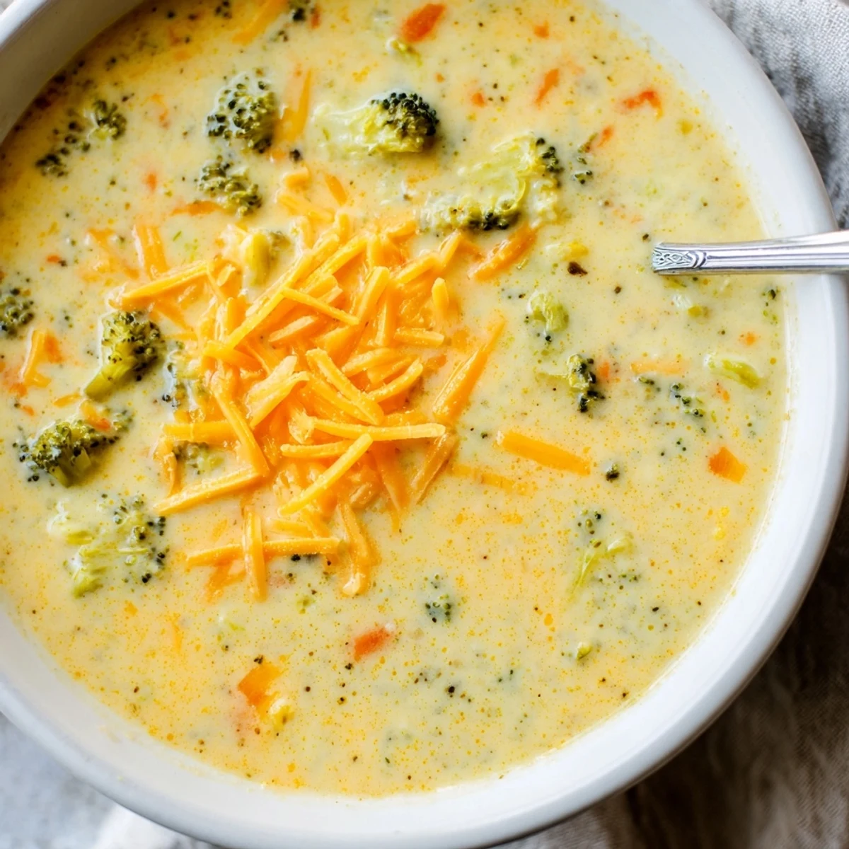 Steaming bowl of rich Instant Pot Broccoli Cheddar Soup with chopped broccoli and cheese topping