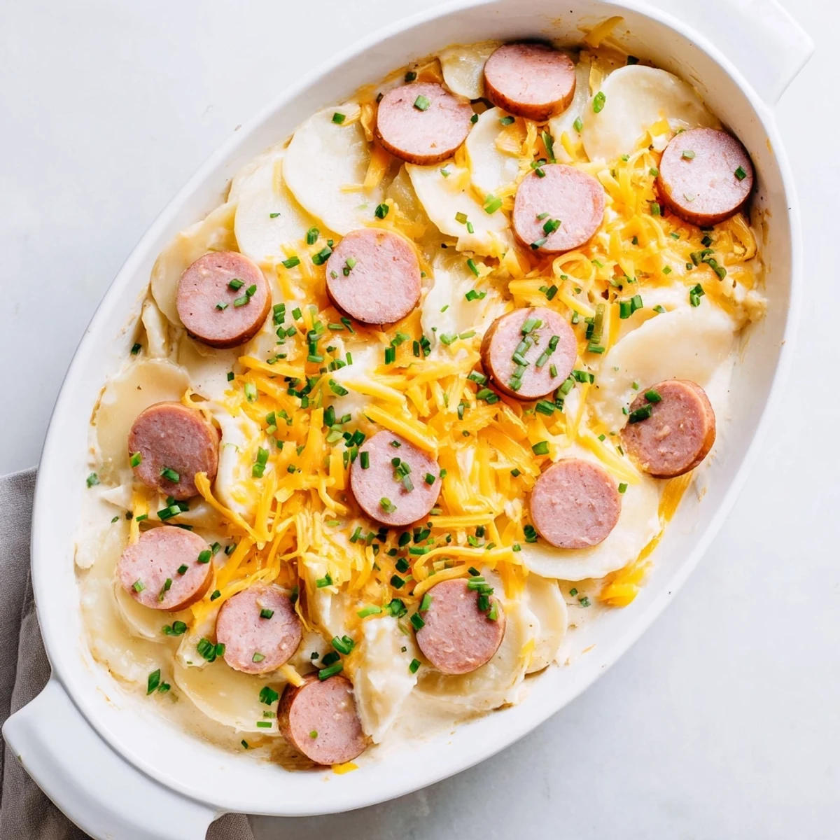 Hearty slow cooker Pierogi Casserole featuring pillowy dumplings layered with savory kielbasa in a rich creamy sauce