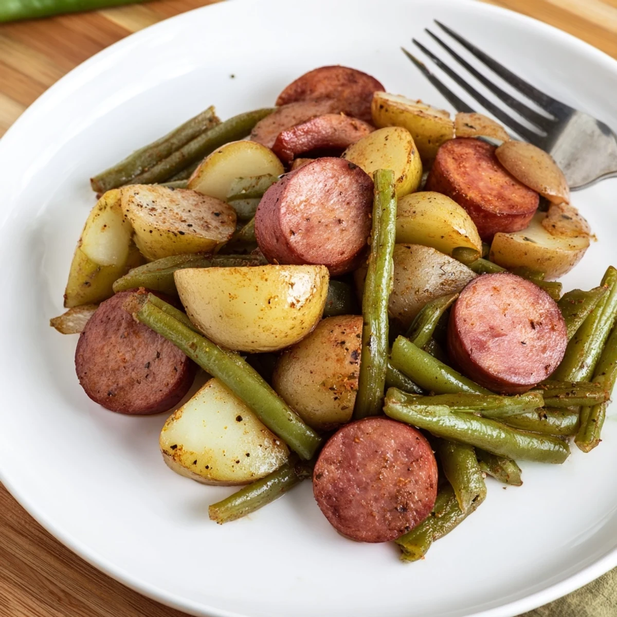 Slow cooker Crockpot Kielbasa and Green Beans with baby potatoes in savory broth
