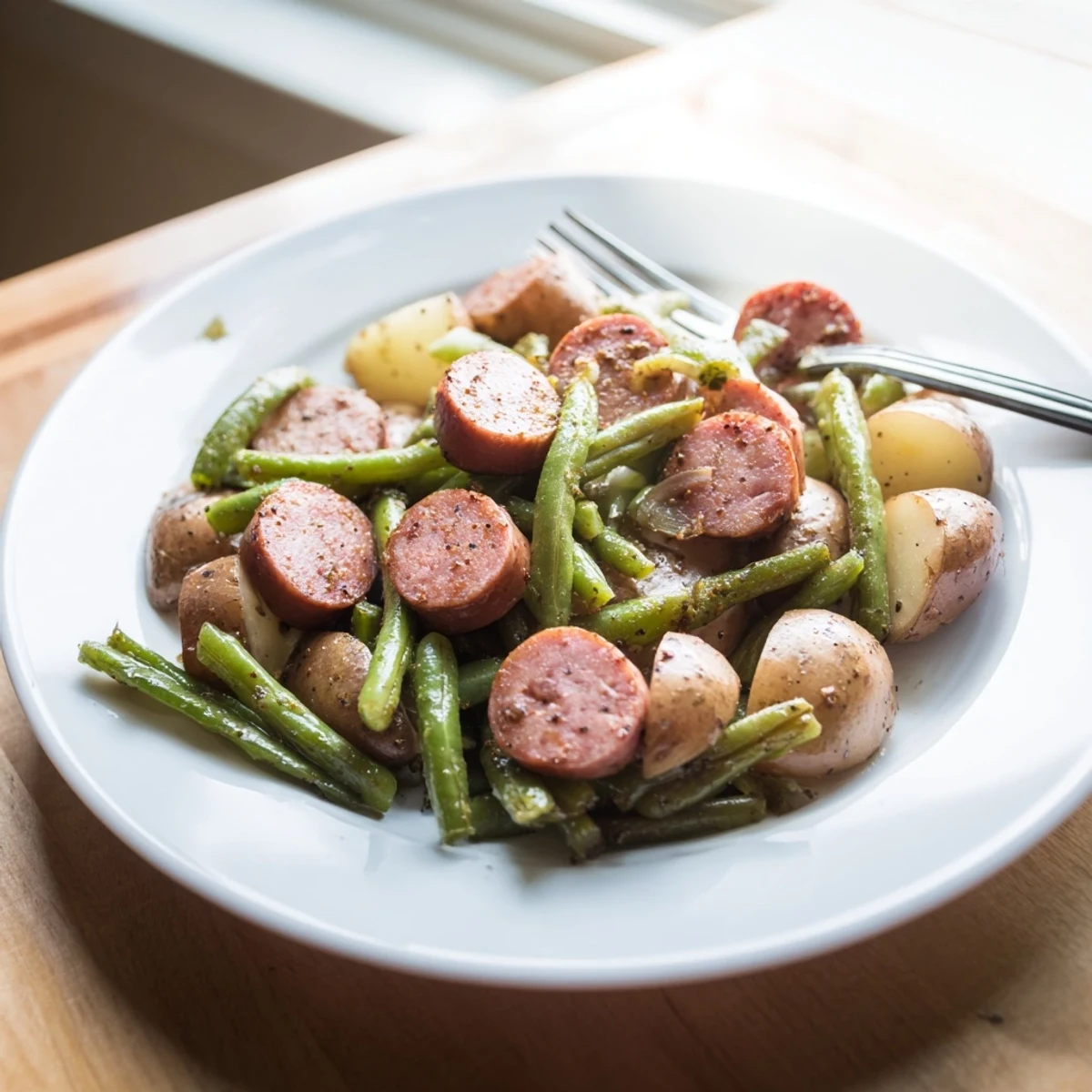 Golden sliced kielbasa and crisp green beans simmering together in this easy Crockpot Kielbasa and Green Beans one-pot meal