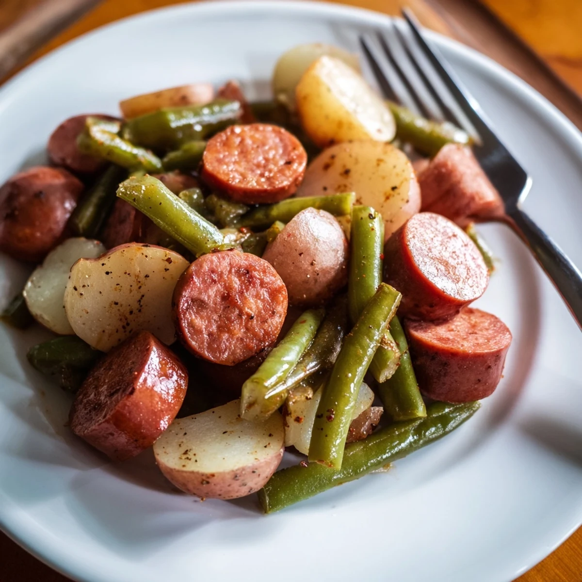 Hearty Crockpot Kielbasa and Green Beans dish featuring tender potatoes and smoked sausage in a rich slow-cooked sauce