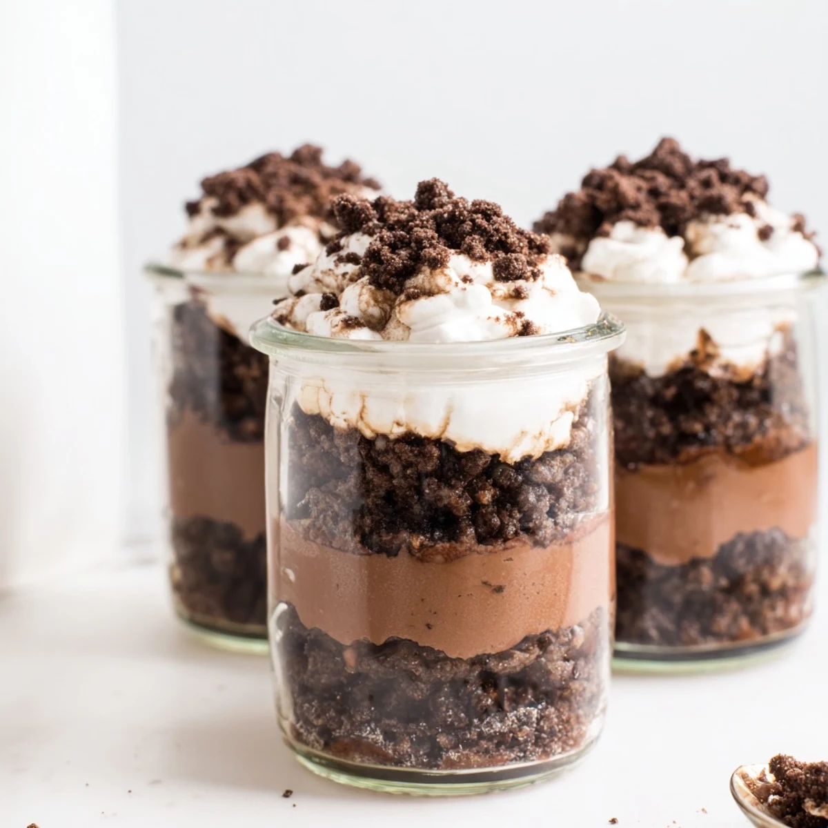 Creamy no-bake keto dirt cake dessert with rich chocolate layers and crunchy chocolate almond dirt topping